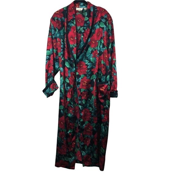 Vintage VICTORIA’S SECRET Long Robe Black Vibrant Red Flowers Satin Sz S - Picture 4 of 11